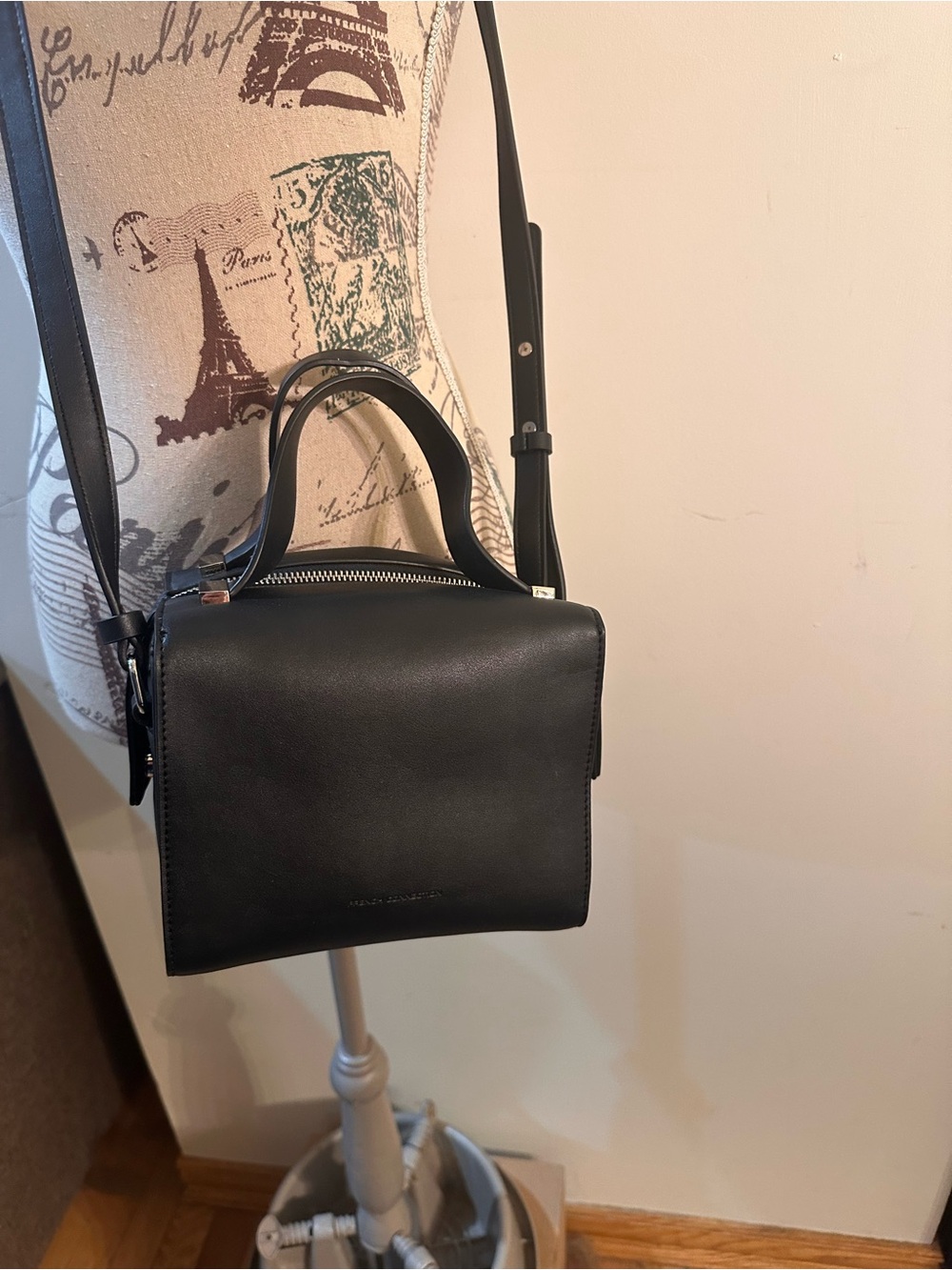 French Connection Black Structured Leather Crossbody Bag